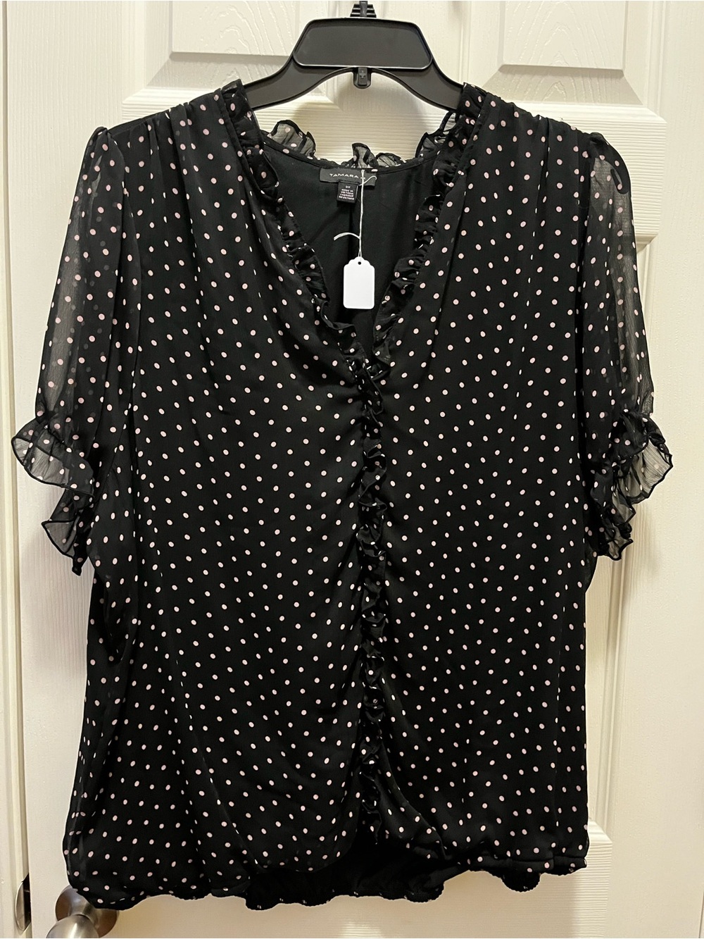 Ruffled V-Neck Polka Dot Blouse - Black with Pink Dots